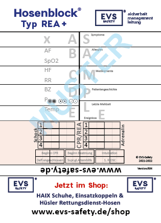 Hosenblock für den Rettungsdienst, Typ REA+; Paket mit 10 Blöcken, mit ABCDE-Schema, Block DIN A6