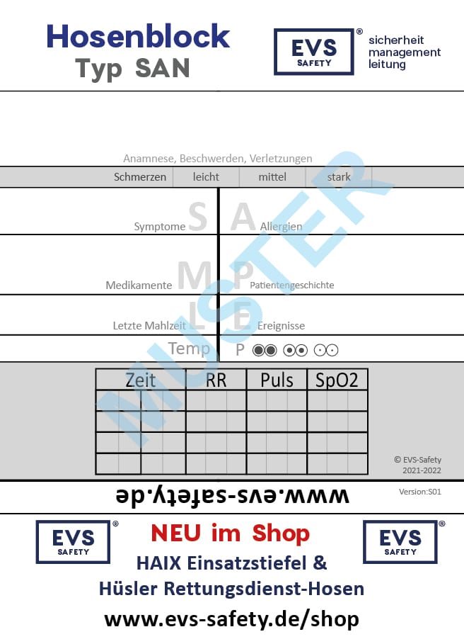 Hosenblock für den Sanitätsdienst, Typ SAN; Paket mit 10 Blöcken, mit SAMPLE-Schema, Block DIN A6