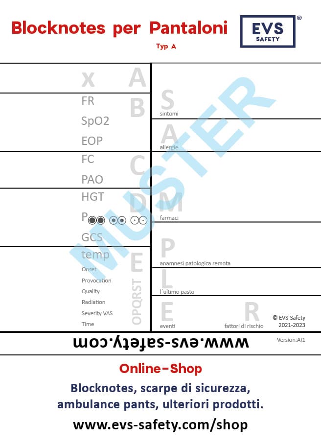 Blocknotes per Pantaloni (typ A, versione italiana) per paramedico, con schema ABCDE, confezione da 10 blocchetti, formato A6