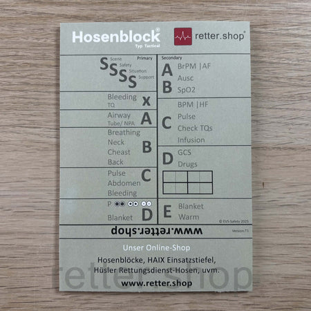 Hosenblock für den Rettungsdienst, Typ Tactical; Paket mit 10 Blöcken, mit ABCDE-Schema, Block DIN A6