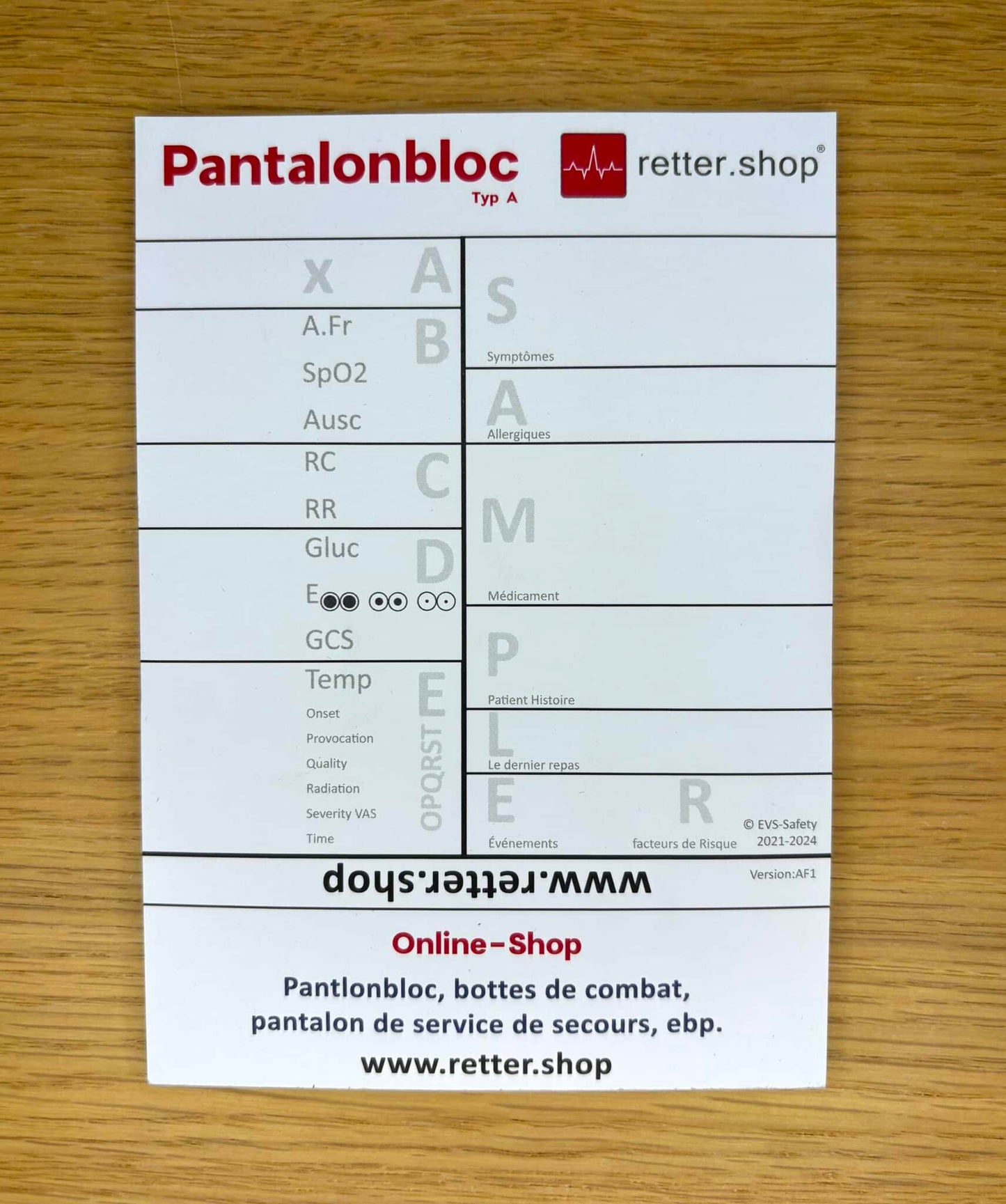 Pantalonbloc pour services d’urgence, type A français ; Paquet de 10 blocs, avec schéma ABCDE, bloc DIN A6