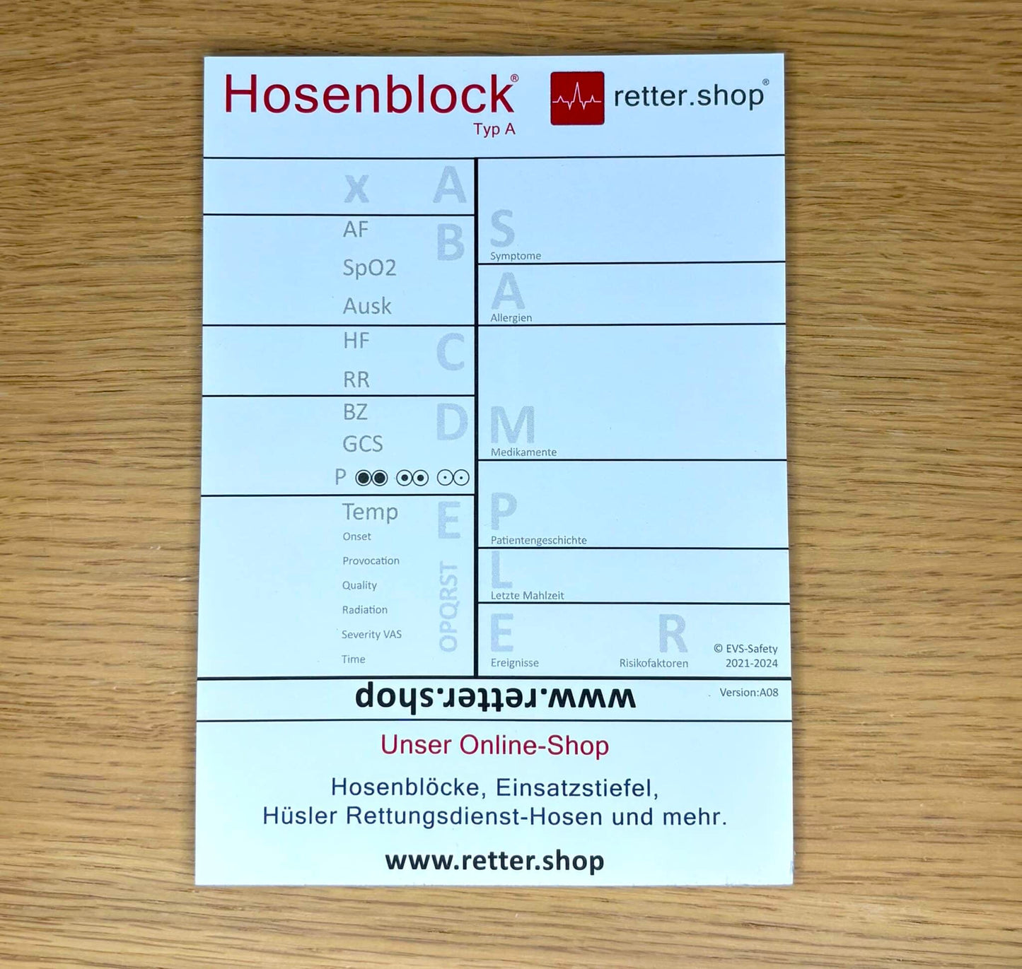 Hosenblock für den Rettungsdienst, Typ A; Paket mit 10 Blöcken, mit ABCDE-Schema, Block DIN A6