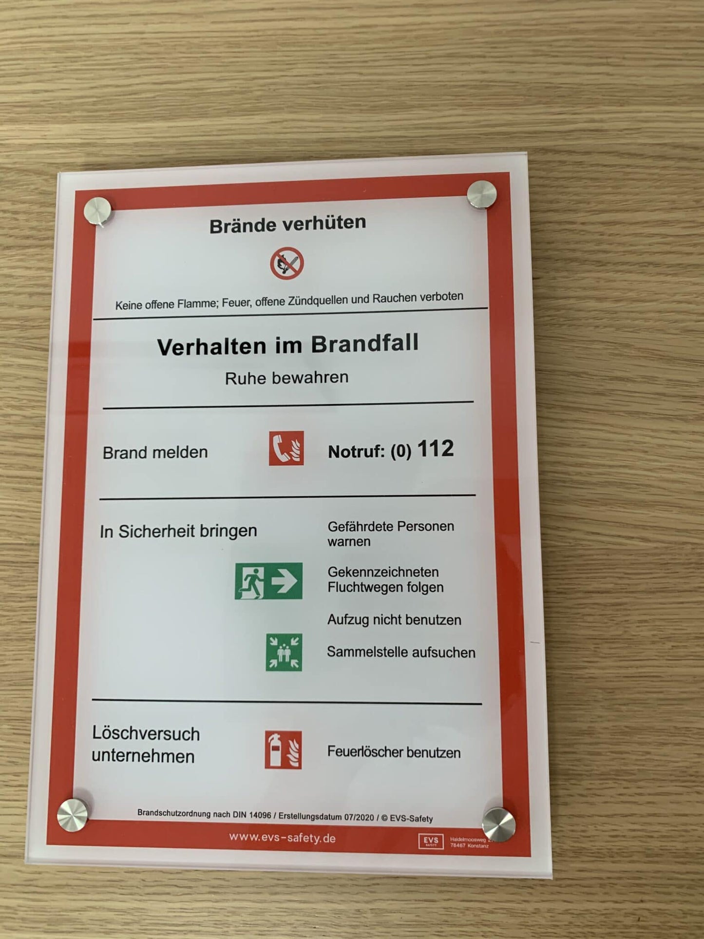 Premium-Schild Acryl “Verhalten im Brandfall” – Brandschutzordnung Teil A*