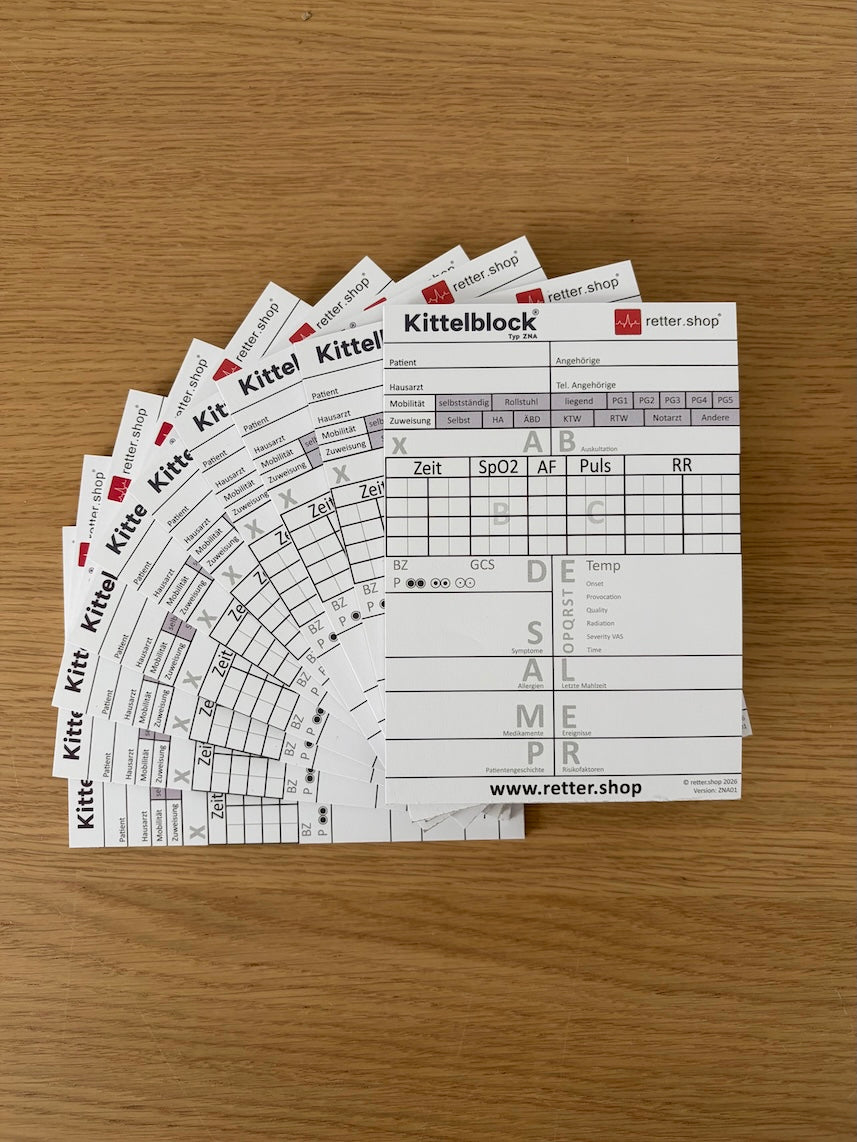 Kittelblock für die Notaufnahme und das Krankenhaus, Typ ZNA; Paket mit 10 Blöcken, mit ABCDE-Schema, Block DIN A6