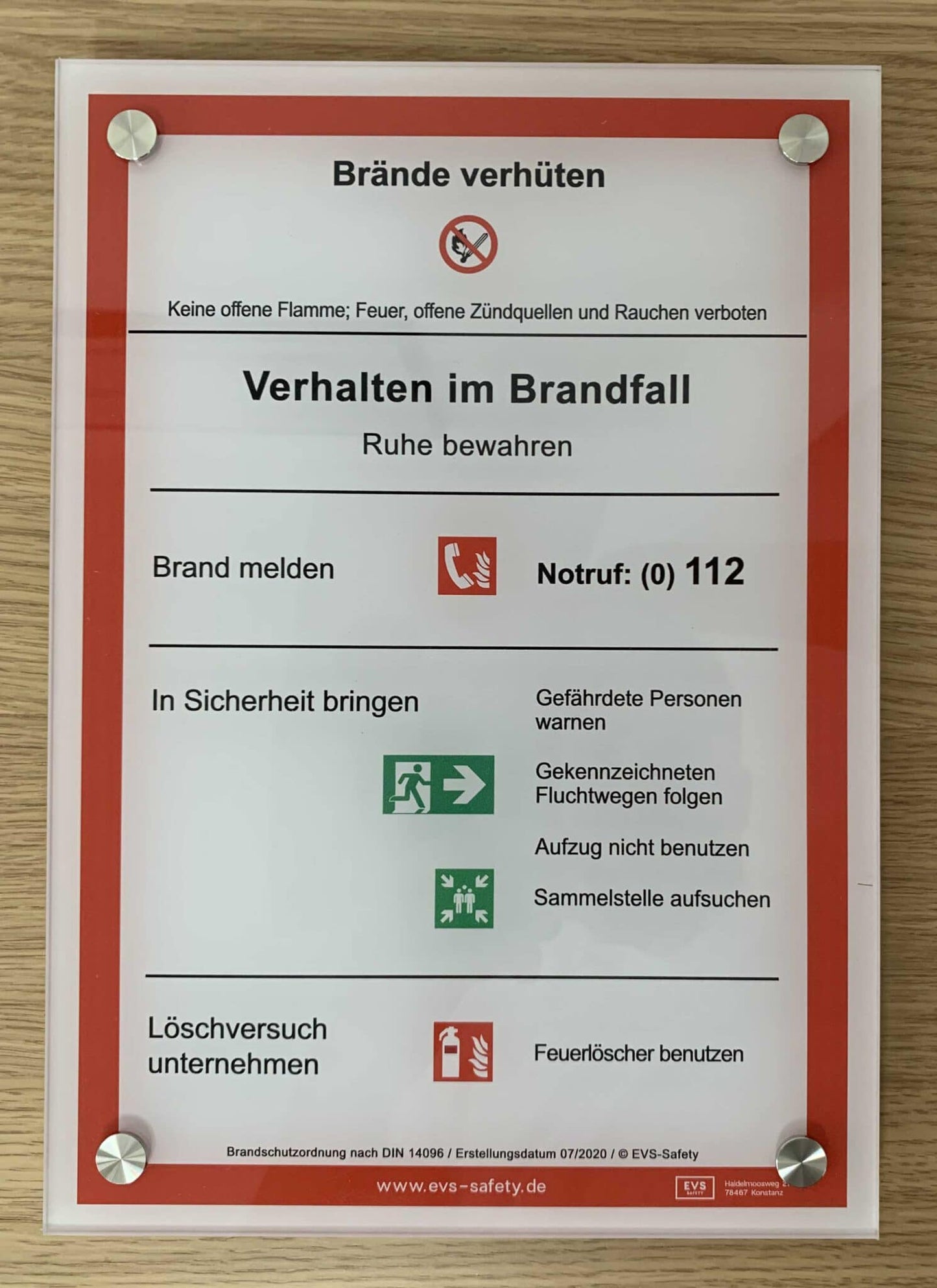 Schild Acryl "Verhalten im Brandfall" - Brandschutzordnung Teil A