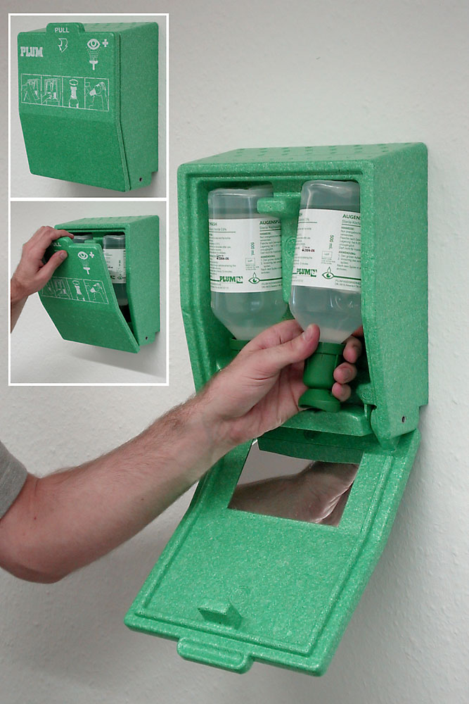 Augenspülstation in Wandbox mit 2 Flaschen 500 ml mit Wandhalter, Spiegel und Piktogramm