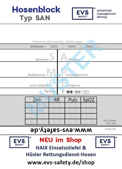 Hosenblock für den Sanitätsdienst, Typ SAN; Paket mit 10 Blöcken, mit SAMPLE-Schema, Block DIN A6