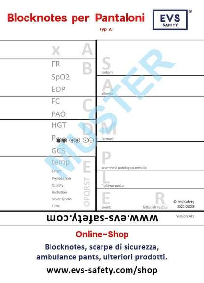 Blocknotes per Pantaloni (typ A, versione italiana) per paramedico, con schema ABCDE, confezione da 10 blocchetti, formato A6