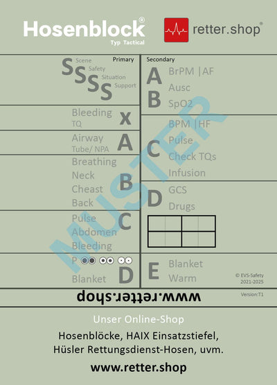 Hosenblock für den Rettungsdienst, Typ Tactical; Paket mit 10 Blöcken, mit ABCDE-Schema, Block DIN A6