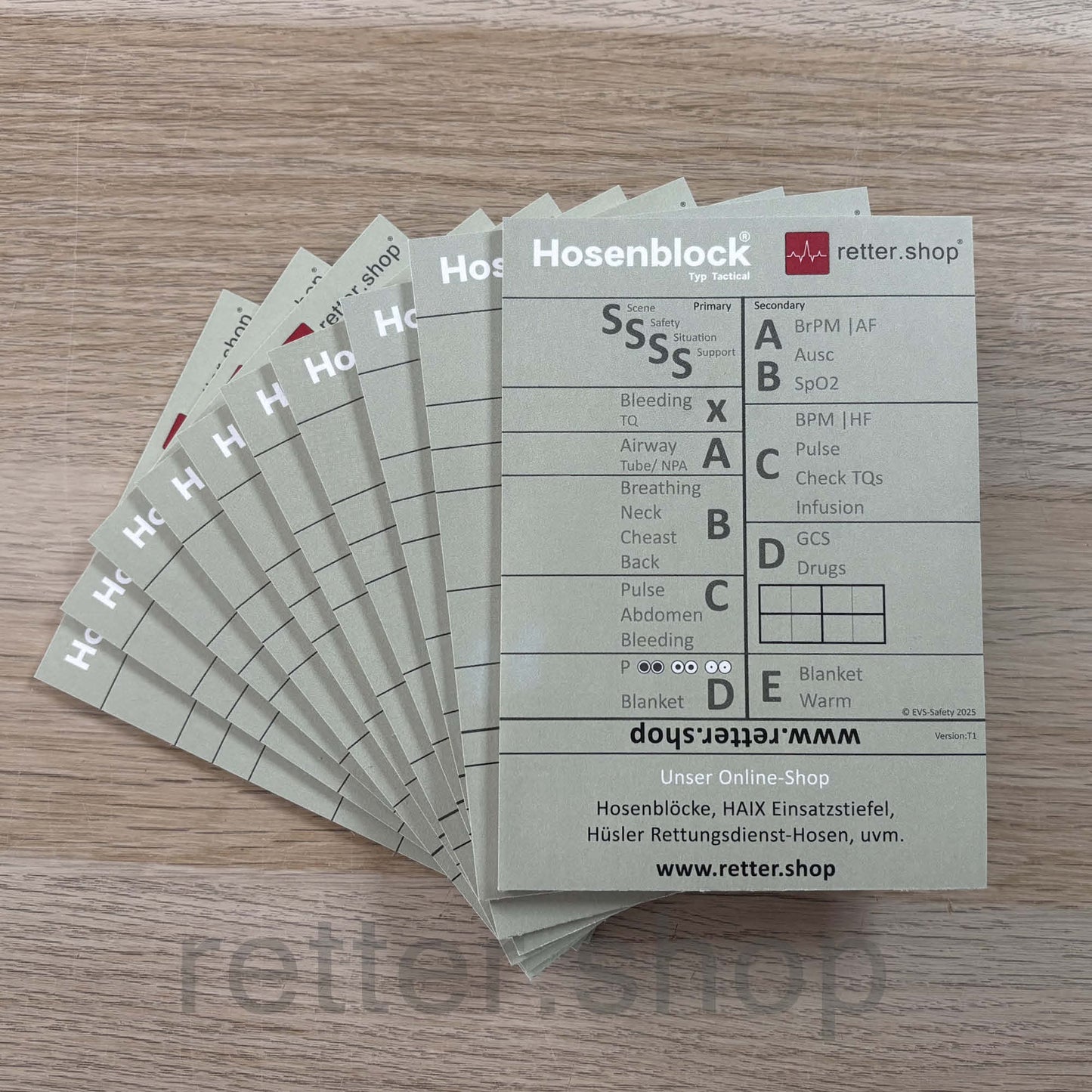 Hosenblock für den Rettungsdienst, Typ Tactical; Paket mit 10 Blöcken, mit ABCDE-Schema, Block DIN A6