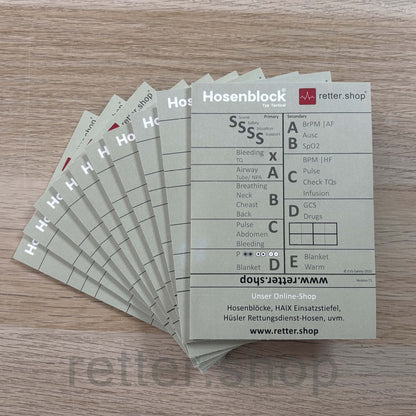 Hosenblock für den Rettungsdienst, Typ Tactical; Paket mit 10 Blöcken, mit ABCDE-Schema, Block DIN A6