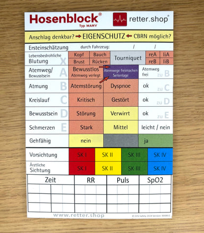 Hosenblock für den Rettungsdienst, Typ MANV; Paket mit 10 Blöcken, Block DIN A6