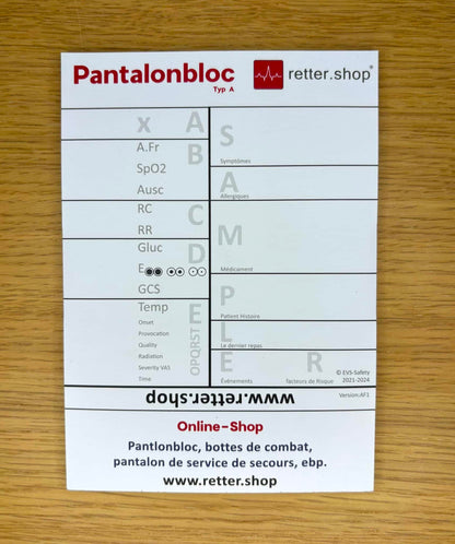 Pantalonbloc pour services d’urgence, type A français ; Paquet de 10 blocs, avec schéma ABCDE, bloc DIN A6
