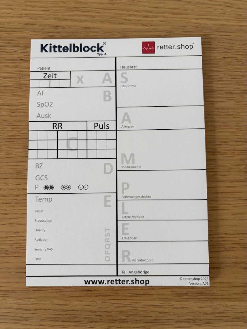 Kittelblock für den Rettungsdienst, Typ A; Paket mit 10 Blöcken, mit ABCDE-Schema, Block DIN A6