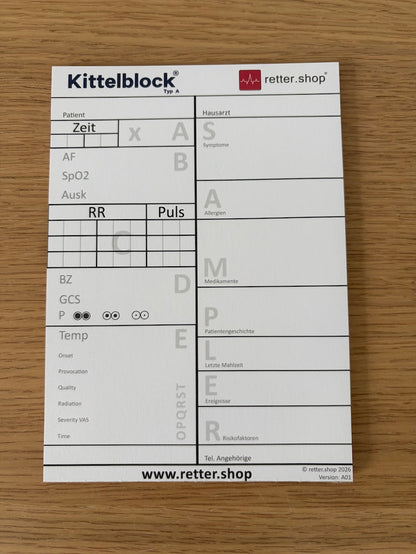 Kittelblock für den Rettungsdienst, Typ A; Paket mit 10 Blöcken, mit ABCDE-Schema, Block DIN A6