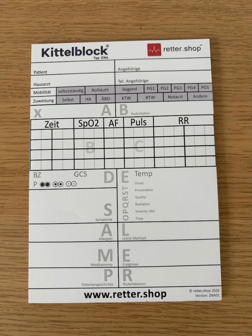Kittelblock für die Notaufnahme und das Krankenhaus, Typ ZNA; Paket mit 10 Blöcken, mit ABCDE-Schema, Block DIN A6