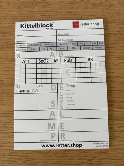 Kittelblock für die Notaufnahme und das Krankenhaus, Typ ZNA; Paket mit 10 Blöcken, mit ABCDE-Schema, Block DIN A6