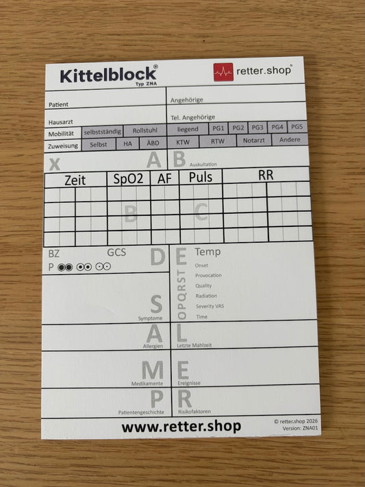 Kittelblock für die Notaufnahme und das Krankenhaus, Typ ZNA; Paket mit 10 Blöcken, mit ABCDE-Schema, Block DIN A6