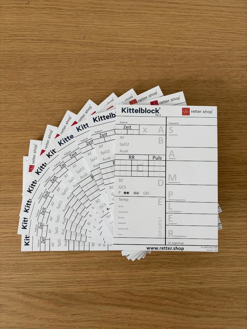 Kittelblock für den Rettungsdienst, Typ A; Paket mit 10 Blöcken, mit ABCDE-Schema, Block DIN A6