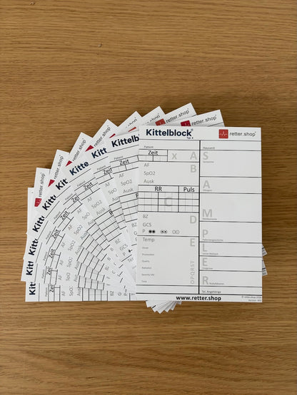 Kittelblock für den Rettungsdienst, Typ A; Paket mit 10 Blöcken, mit ABCDE-Schema, Block DIN A6