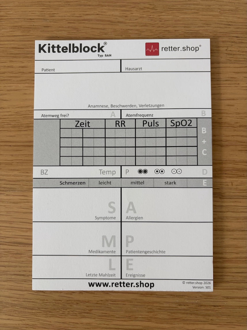 Kittelblock für den Sanitätsdienst, Typ SAN; Paket mit 10 Blöcken, mit SAMPLE-Schema, Block DIN A6