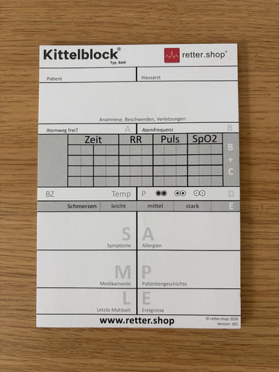 Kittelblock für den Sanitätsdienst, Typ SAN; Paket mit 10 Blöcken, mit SAMPLE-Schema, Block DIN A6