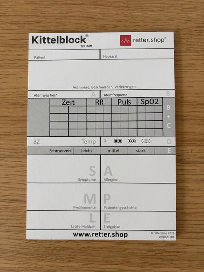 Kittelblock für den Sanitätsdienst, Typ SAN; Paket mit 10 Blöcken, mit SAMPLE-Schema, Block DIN A6