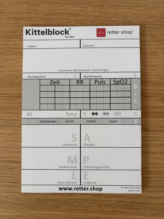 Kittelblock für den Sanitätsdienst, Typ SAN; Paket mit 10 Blöcken, mit SAMPLE-Schema, Block DIN A6