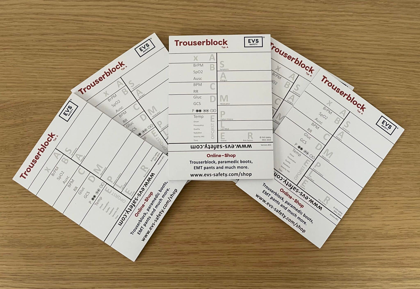 Trouserblock (typ A, English Version) for paramedics and EMTs, with ABCDE scheme, package with 10 blocks (type A), size A6