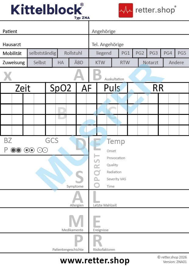 Kittelblock für die Notaufnahme und das Krankenhaus, Typ ZNA; Paket mit 10 Blöcken, mit ABCDE-Schema, Block DIN A6