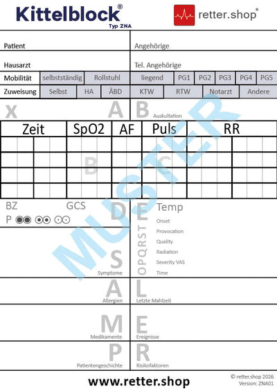 Kittelblock für die Notaufnahme und das Krankenhaus, Typ ZNA; Paket mit 10 Blöcken, mit ABCDE-Schema, Block DIN A6