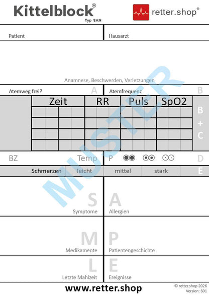 Kittelblock für den Sanitätsdienst, Typ SAN; Paket mit 10 Blöcken, mit SAMPLE-Schema, Block DIN A6