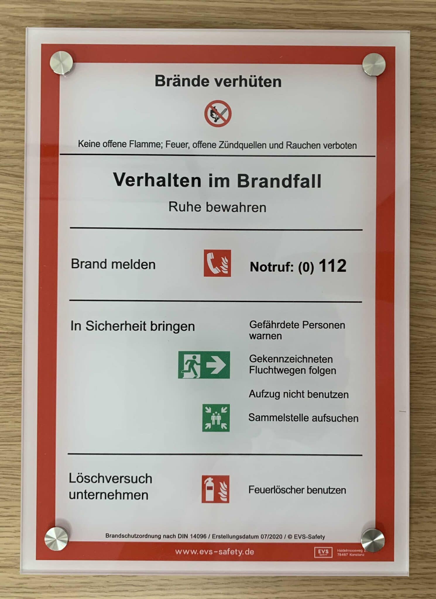 Schild Acryl "Verhalten im Brandfall" - Brandschutzordnung Teil A