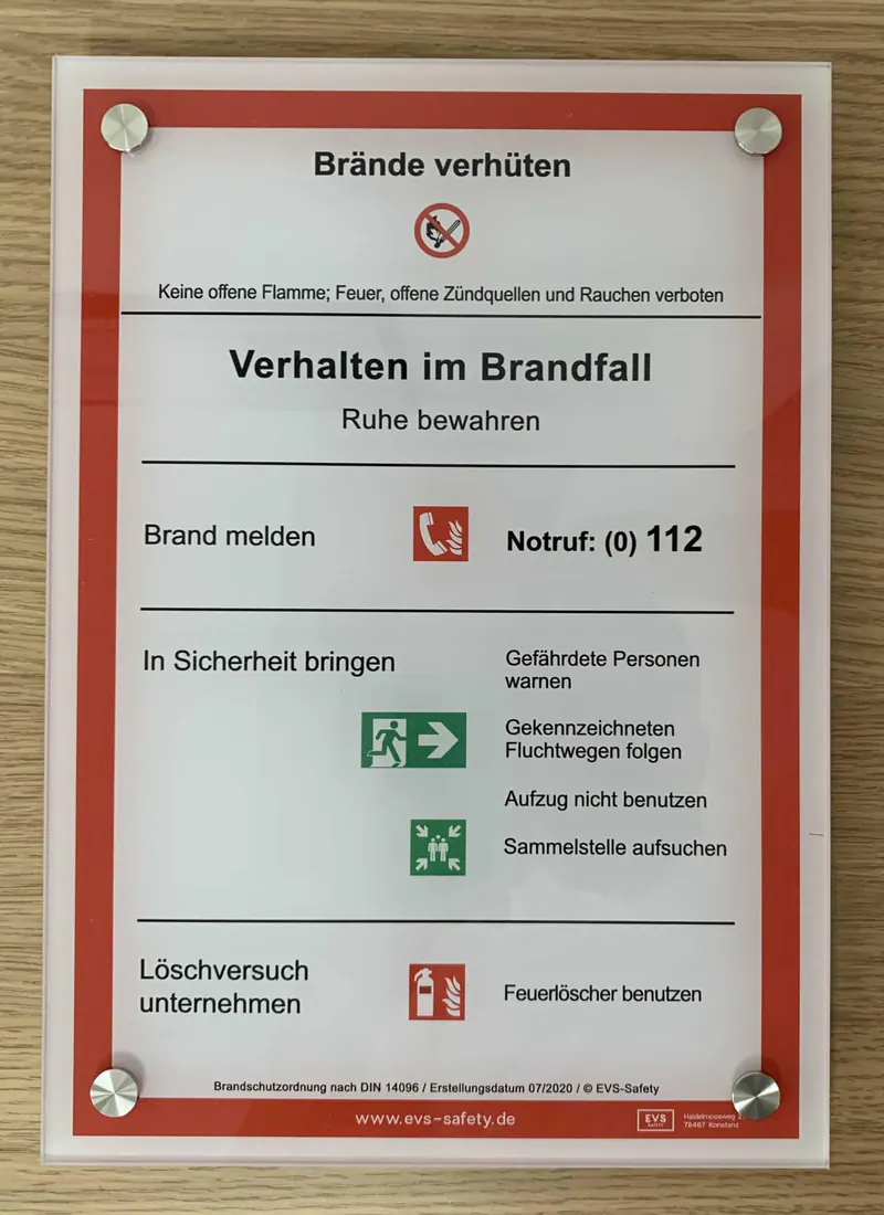 Schild Acryl "Verhalten im Brandfall" - Brandschutzordnung Teil A