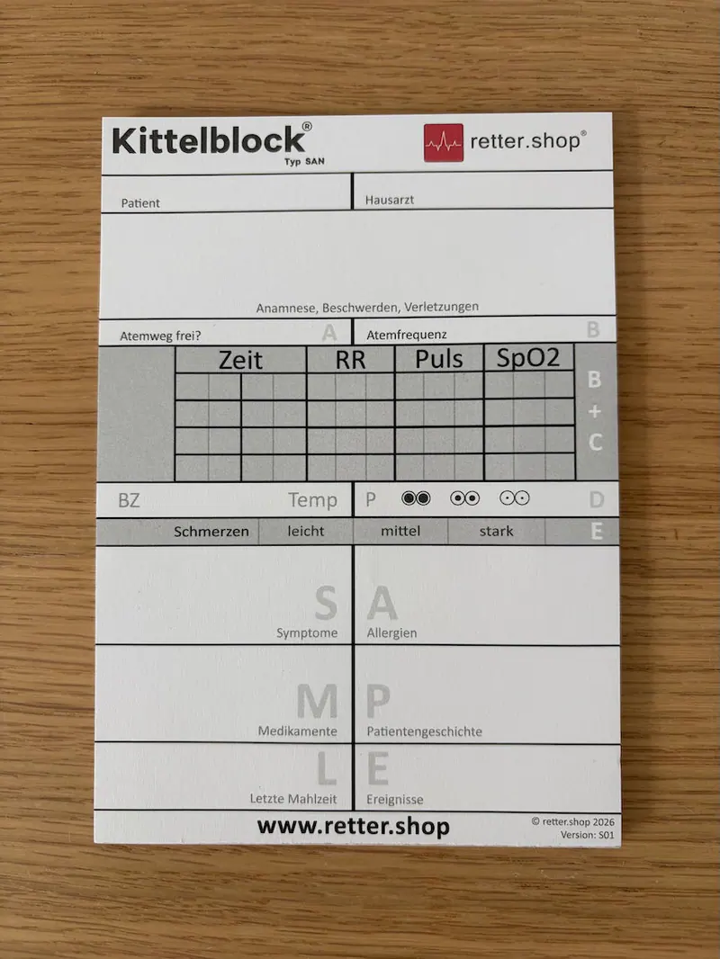 Kittelblock für den Sanitätsdienst, Typ SAN; Paket mit 10 Blöcken, mit SAMPLE-Schema, Block DIN A6