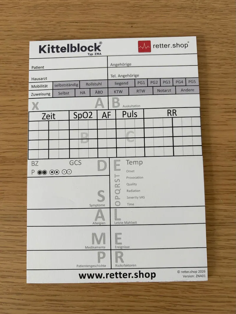 Kittelblock für die Notaufnahme und das Krankenhaus, Typ ZNA; Paket mit 10 Blöcken, mit ABCDE-Schema, Block DIN A6